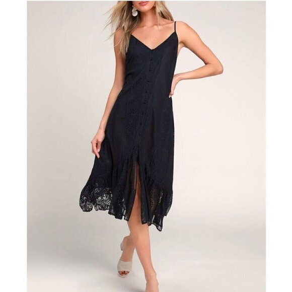 NWT Lulus Zahria Navy Blue Lace Button Front Midi Dress - Size Large - Picture 1 of 10